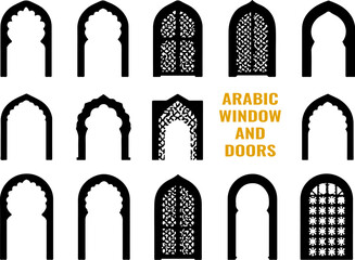 Collection of Arabic Windows and Doors in Black Silhouette Style on White Background silhouette This image features