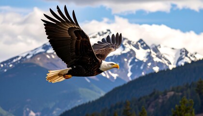 Bald Eagle Soaring Over Mountains