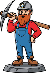 Cartoon miner with pickaxe, confident underground worker, mining mascot character, flat vector illustration, cad drawing, silhouette art, resource theme