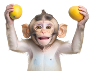 Playful Baby Monkey Holding Mango Above Head, Dynamic Pose, isolated on transparent background
