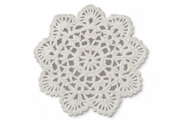 White crochet doily isolated on transparent background, showing intricate handmade design and delicate craftsmanship