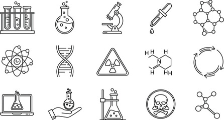 Chemistry icons, laboratory tools, molecular structure, scientific research, DN test tubes, flask, microscope, atomic model, dropper, chemical diagram, radiation sign, lab safety, biology symbols