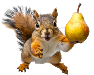  Playful Baby Squirrel Holding Pear Above Head, Dynamic Pose, isolated on transparent background