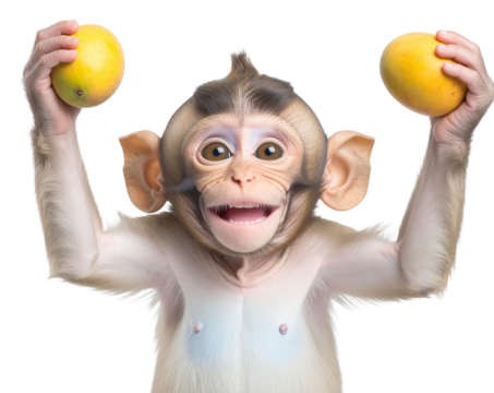 Playful Baby Monkey Holding Mango Above Head, Dynamic Pose, isolated on transparent background