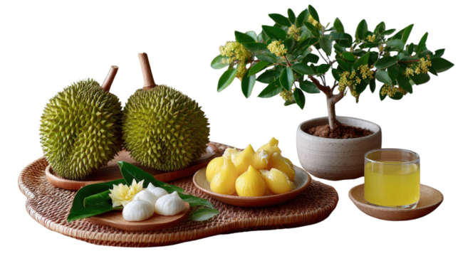 Durian Delight: A culinary still-life composition features two ripe durians with sharp husks alongside fresh, ready-to-eat durian, accompanied by a green beverage.