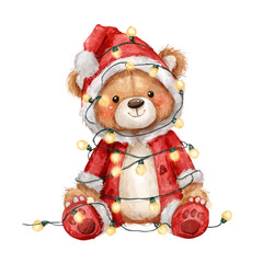 cute teddy bear wearing santa hat lights on transparent background