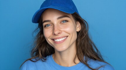 A woman with a broad smile and a blue baseball cap against a vibrant blue backdrop.