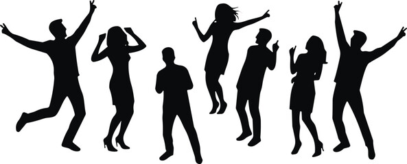 Dancing silhouettes, party people, joyful movement, celebration poses, black figures, energetic dance, festive crowd, vector art, fun gesture, white background