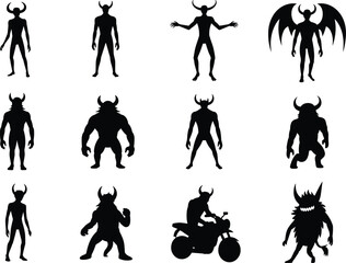 Demon silhouette collection, fantasy monster figures, dark creature designs, horned humanoids, winged beasts, vector illustration, horror theme, black graphic art