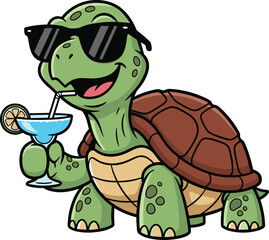Cartoon turtle with cocktail, vacation vibe, relaxed character, summer mascot, flat vector illustration, cad drawing, silhouette art, tropical fun