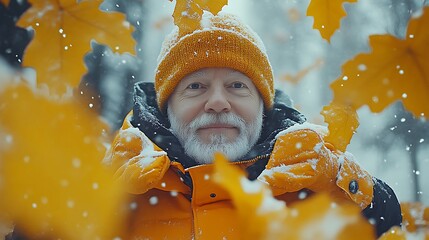 A senior man in an orange jacket and hat, amidst falling snow and autumn leaves