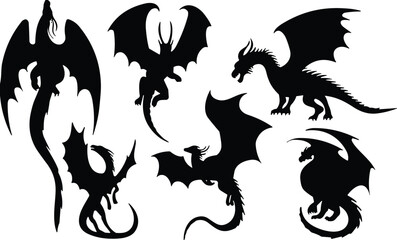 Dragon silhouette collection, flying dragons, fantasy creatures, mythical beasts, black vector icons, medieval style, monster design, winged reptiles, illustration set