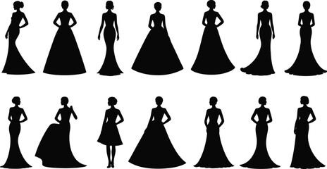 Female dress silhouettes, fashion design template, elegant gown styles, bridal wear inspiration, evening dresses, stylish poses, garment illustration, couture concept