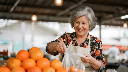 Senior woman shopping for oranges at a market, smiling while selecting fruit.