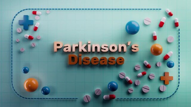 Animated text "Parkinson&rsquo;s Disease" on a 3D medical background. Ideal for biology education, cellular energy visuals, metabolic health, nutritional science, wellness content
