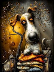 Dog and piles of dirty laundry