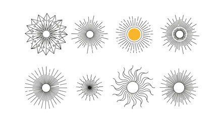 Collection of retro style sunburst starburst and abstract geometric design elements with ornate rays emanating from a central circle