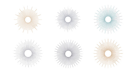 A set of six diverse radiant sunburst ornate graphic elements each featuring intricate radial patterns and decorative flourishes emanating from a central point
