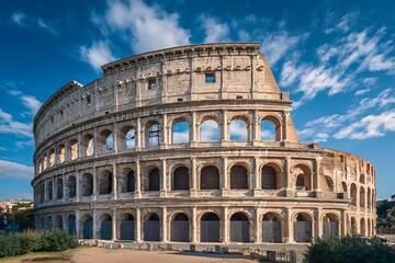 Fototapeta premium Explore the iconic Colosseum in Rome under a vibrant blue sky, a captivating view of ancient Roman architecture and history for travel and culture content