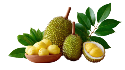 Durian Delights: Close-up studio shot of a collection of ripe, spiky durians and creamy segments, alongside lush green leaves, celebrating the rich textures of the King of Fruits.
