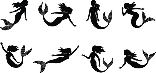 Mermaid silhouette collection, mythical sea creature, fantasy illustration, black mermaid icons, ocean theme, swimming pose, elegant tail, underwater design
