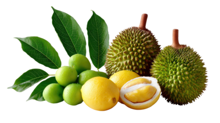 Exotic Fruit Extravaganza: A vibrant display of durian, lemons and other juicy fruits, radiating freshness and inviting culinary exploration.