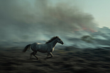 Horse galloping through smoky field at dusk, escaping the encroaching danger of wildfire