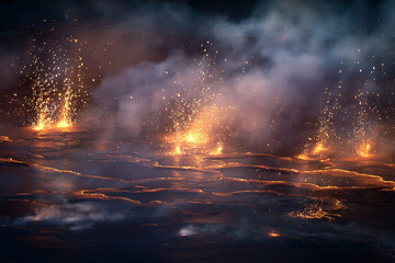 Smaller eruptions burst vividly from molten lava, creating a dazzling display of sparks and ash at an active volcanic site