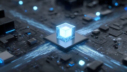 Glowing central processor with data streams on circuit board