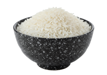 黒い陶器のボウルに入った白いご飯のクローズアップ背景透過