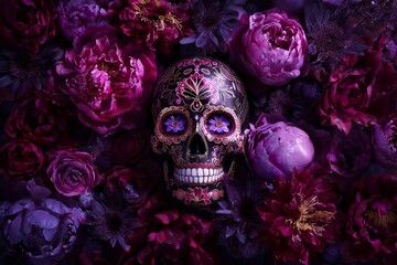 Elegant Sugar Skull with Ornate Floral Patterns and Dark Pink Flowers