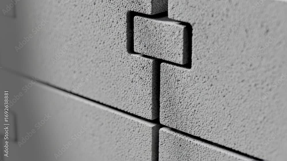 Poster detailed macro shot of the interlocking features of snapfit mortarless blocks illustrating strength 