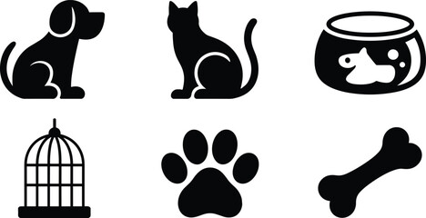 Pet silhouette icon set, dog, cat, fish bowl, birdcage, symbols, minimalist design, pet graphic, editable icons, animal theme, domestic pets, pet shop, veterinary use