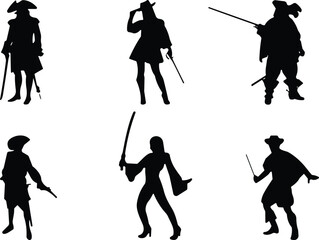 Obraz premium Pirate silhouettes, black figures, sword poses, pistol stance, tricorn hat, pirate costume, weapon holding, dramatic pose, character design, isolated