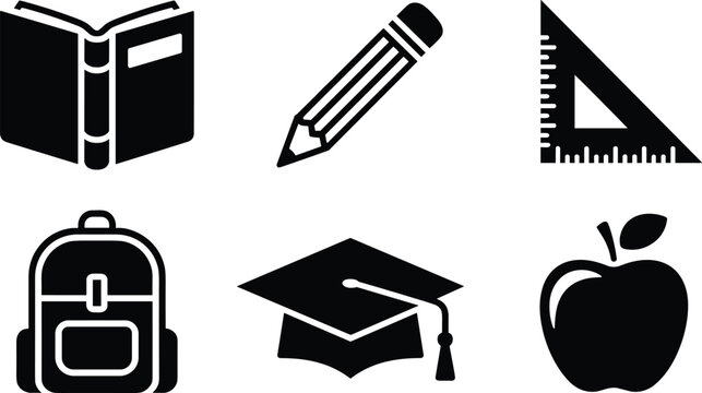 Education icons set including book, pencil, ruler, backpack, graduation cap, apple, learning tools, school supplies, student essentials, study, academic symbols.