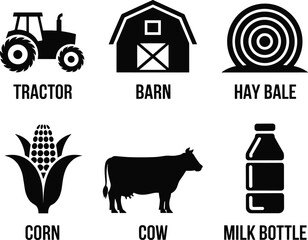 Farm icons set including tractor, barn, hay bale, corn, cow, and milk bottle representing agriculture, farming, livestock, and rural life.
