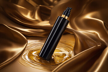 Naklejka premium A black pump bottle rests atop a thick layer of foam and yellow liquid, highlighting an artistic arrangement of textures and colors against a dark background