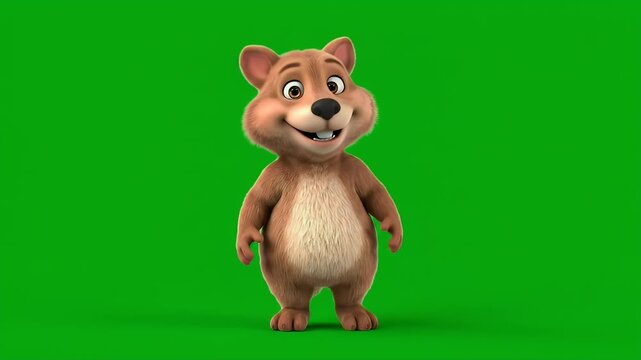 Cute 3D Cartoon Animal Character Smiling on Green Screen Background