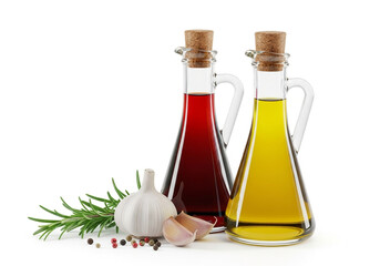 Bottles of olive oil and balsamic vinegar with herbs and garlic