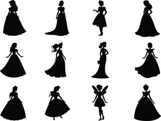 Silhouette princess collection, fairy tale female figures, fantasy gown designs, magical characters, elegant poses, royalty theme, black vector illustration