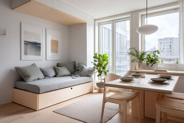 Minimalist Micro Apartment with Scandinavian Design and Multifunctional Furniture in Bright Natural Light
