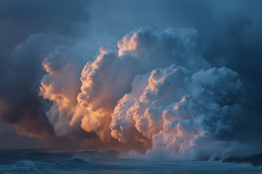 Eruption of steam and vapor as lava meets ocean at sunset creating dramatic cloud formations - Powered by Adobe
