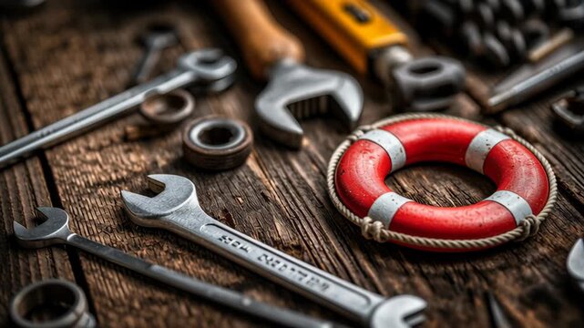 Lifesaver ring wrench bolt nut metal tool wood workshop safety rescue focus with lifebuoy among tools rustic red ring contrasts industrial emergency