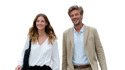 Successful Business Partners: Two modern entrepreneurs exude confidence and optimism as they walk side-by-side, a seamless blend of style and business, ready to embrace the future