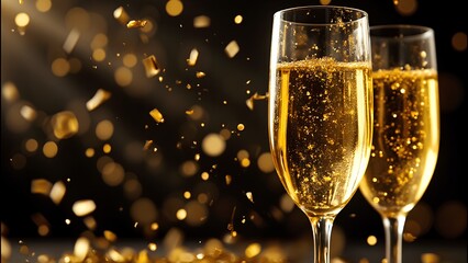 Two elegant champagne flutes filled with bubbly drink, surrounded by sparkling gold confetti against a blurred dark background.