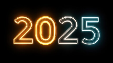 Neon Numbers 2025 Bright Multicolored Light Display on Black Background