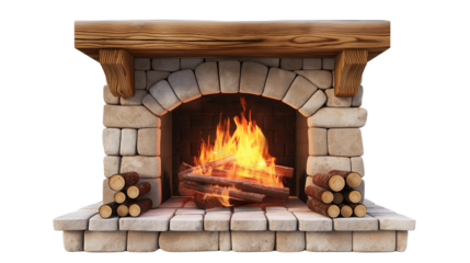 Stone fireplace with burning logs.  Transparent PNG. Cozy hearth with crackling fire and stacked firewood. Isolated on transparent background, png