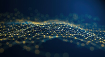 Abstract network of connected dots and lines on a dark blue background.
