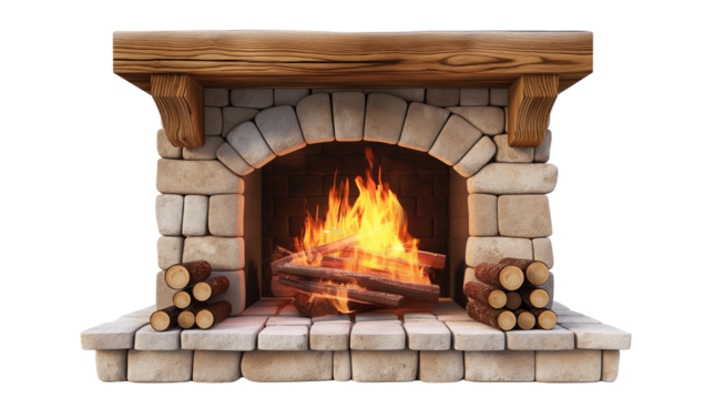 Stone fireplace with burning logs.  Transparent PNG. Cozy hearth with crackling fire and stacked firewood. Isolated on transparent background, png