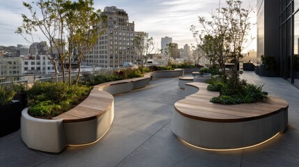 Sunlight bathing contemporary rooftop garden with wooden benches, integrated lighting, verdant plants, and panoramic city views, embodying serene urban landscape design
